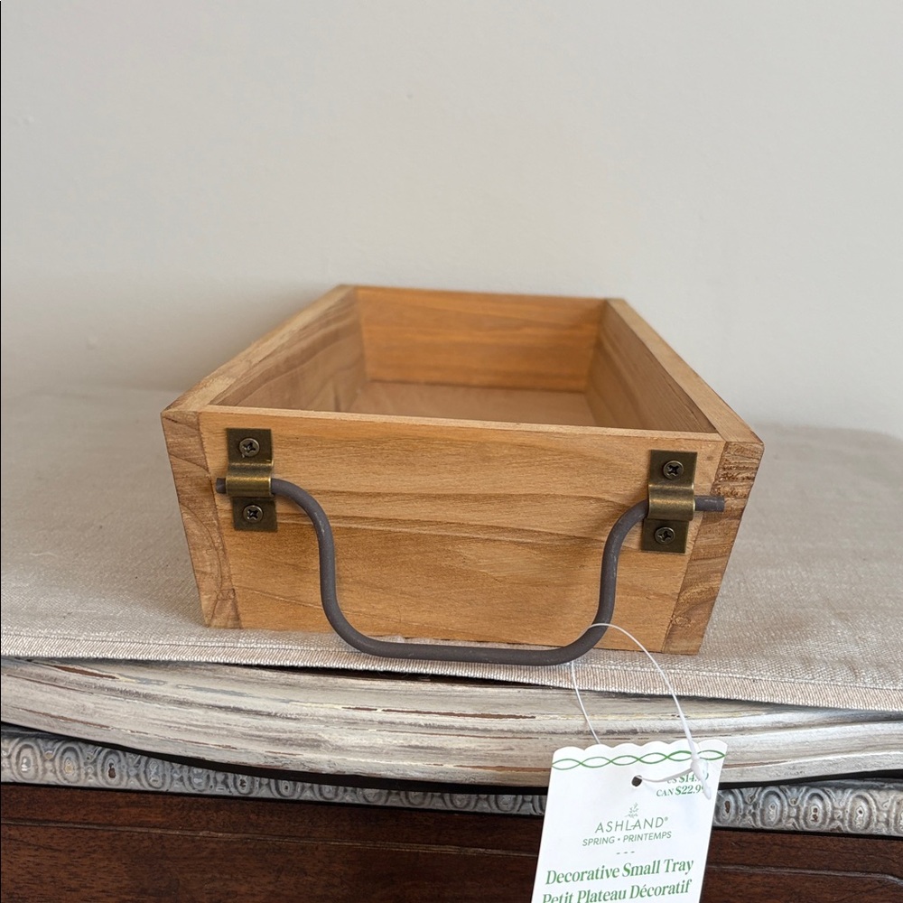 Natural Wooden Tray Metal Handles 14.5” x 2.5” x 6.5”Tan New - Picture 3 of 5